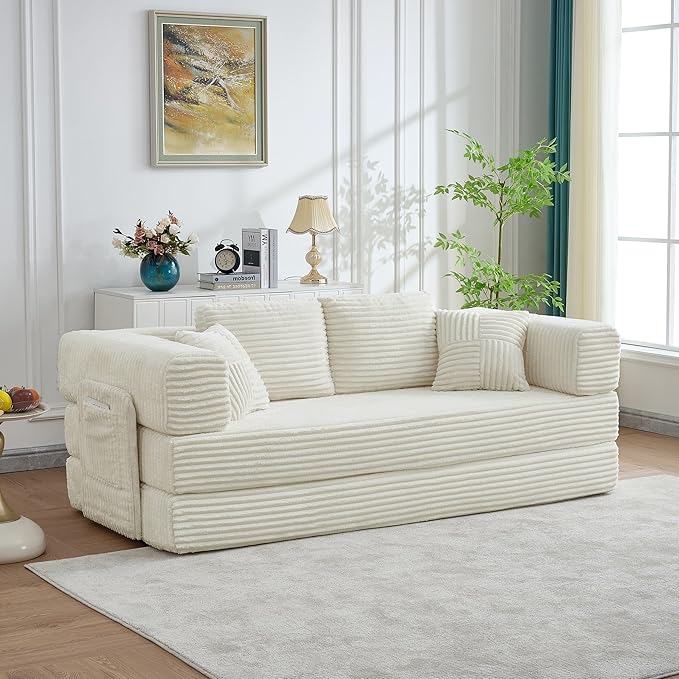 79.5 Folding Convertible Sofa Bed with Side Storage Pockets 4-in-1 Corduroy Boneless Couch No Assembly Loveseat Sleeper Floor Sofa Daybed Futon Couch for Living Room Bedroom Lounge Beige Upgraded