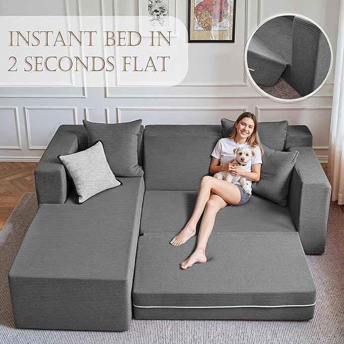 YINIX 106 Modular Sectional Sofa Modern Cloud Couch with L-Shape Chaise Upholstered Boneless Couches with Deep Seat Comfy Corduroy Sofa for Living Room Bedroom No Assembly (Grey)