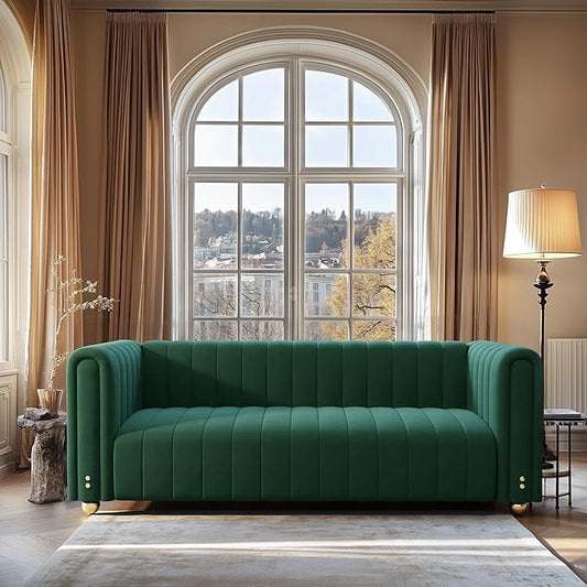 82 Deep Seat Sofa - Gold Leg Modern Couch with Serpentine Springs 750LBS Capacity &amp Fade-Resistant Fabric for Living Room (Emerald Green/Burnt Orange/Classic Black) (Green 3S)