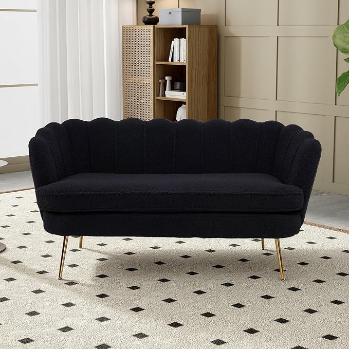 Mlmh &amp Kngwa Sherpa Boucle 2-Seater Sofa 59 Loveset Settee with Gold Metal Legs Comfy Upholstered Floral Mini Couch Sofa for Bedroom Living Room Apartment Black