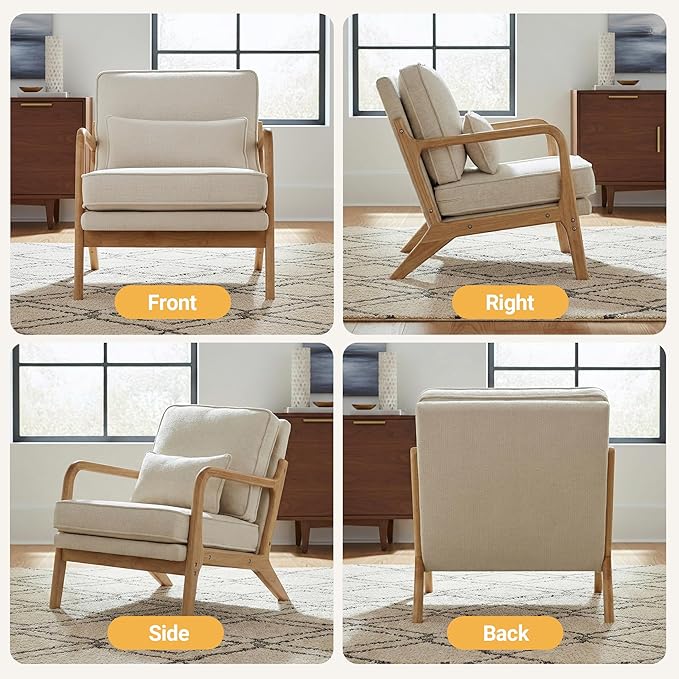 Modern Accent Chair Mid Century Wooden Upholstered Armchair with Lumbar Pillow &amp Removable Soft Cushion Reading Chair for Living Room Bedroom BalconyCoffee(Beige/Blue/Green/Grey)