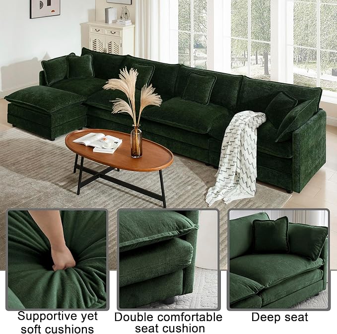 146.5 Convertible L Shaped Sectioanl Couch deep Cloud sectional Sofa with Movable OttomanGreen