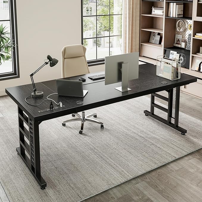Coleshome 78 Inch Executive Desk with USB Ports Large Computer Desk with Extra Thick Long Mordern Office Desk Workstation Business Furniture for Home Office Black