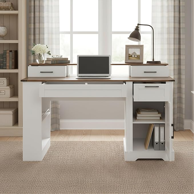 55 Farmhouse Executive Desk with Hutch and Pegboard Computer Desk with Drawers Cabinet Magazine Rack and Charging Station Home Office Desk for Small Space White