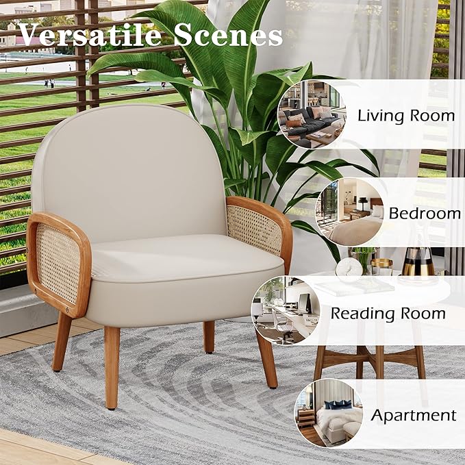 Accent Chairs Rattan Comfy Upholstered Modern Arm Chair for Living Room Chair Reading Bedroom Balcony Faux Leather Chair