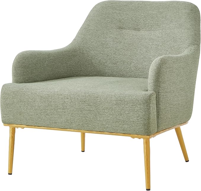 Modern Accent Chair with Curved Backrest Chenille Fabric Upholstered Armchair with Gold Metal Legs Single Sofa Chair for Living Room Reading Corner (Green14)