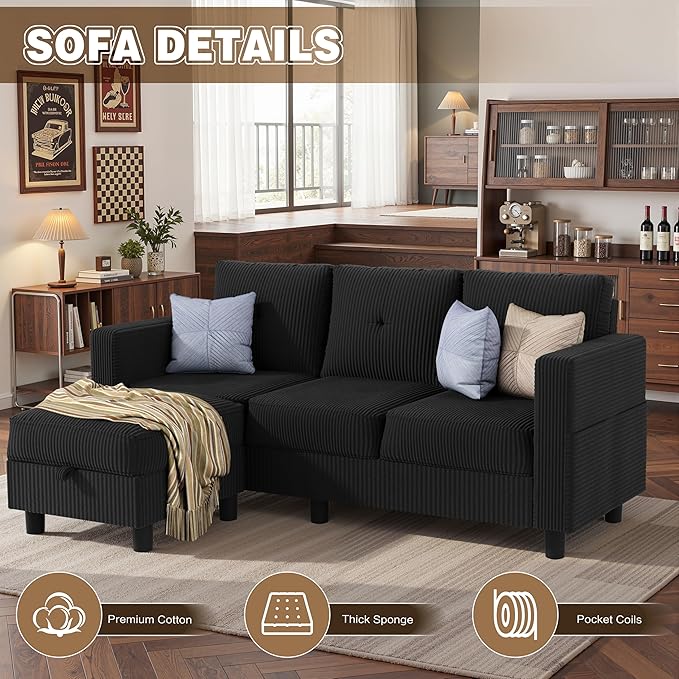 JAMFLY Convertible L-Shaped Sectional Sofa with Reversible Storage Ottoman 3-Seat Couch with Side Pockets Modern Compact Furniture for Small Apartments Studios &amp Lofts Black