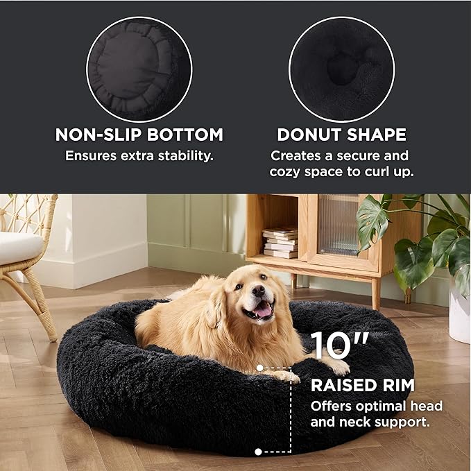 Bedsure Calming Dog Bed for Extra Large Dogs - Donut Washable Large Pet Bed 45 inches Anti-Slip Round Fluffy Plush Faux Fur Dog Bed Fits up to 120 lbs Pets Black