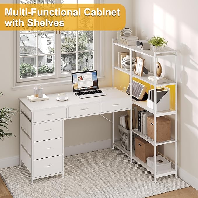 Garvee L Shaped Gaming Computer Desk with 6 Fabric Drawers Corner Gaming Desk with Open Shelves Home Office PC Table with Power Outlets &amp LED Lights 58.3 l*54.3 h White