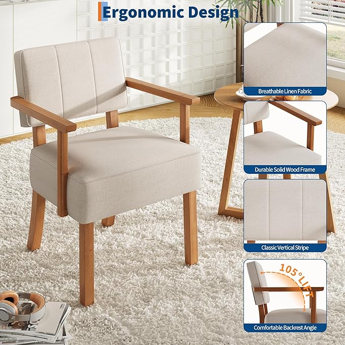 Garvee Mid-Century Accent Chair with Wood Frame. Linen Fabric Upholstered Lounge Armchair with Classic Vertical Stripe. Reading Leisure Chair for Living Room Bedroom Balcony Beige