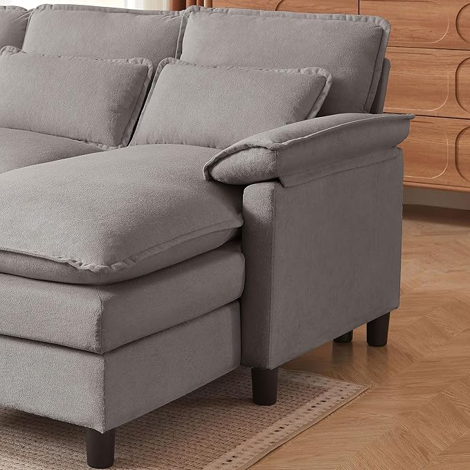 Convertible Sectional Sofa 104 U Shape Cloud Couch Comfy Couches with Double Chaise and Sleepable Armrests 4 Seats Sectional Sofa for Living Room Light Grey