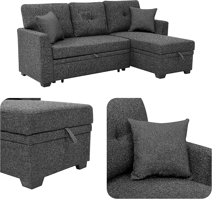 Sectional Sleeper Sofa with Pull Out Bed L Shape Convertible Linen Couch with Storage Chaise 2 in 1 Pull Out Sofa Bed with 2 Seats for Living Room Apartment Charcoal Black