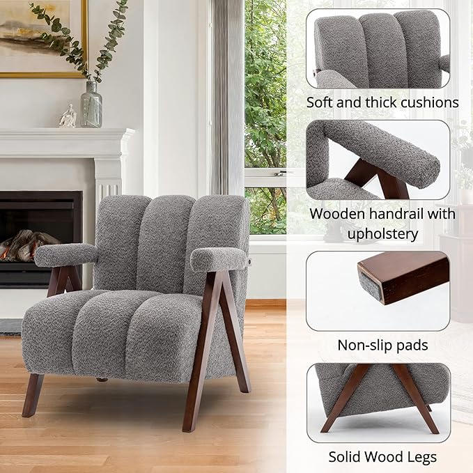 Mid Century Modern Accent Chair with Solid Wood Frame Boucle Upholstered Living Room Chairs with Thick Cushion Comfy Tufted Arm Chair for Bedroom Grey
