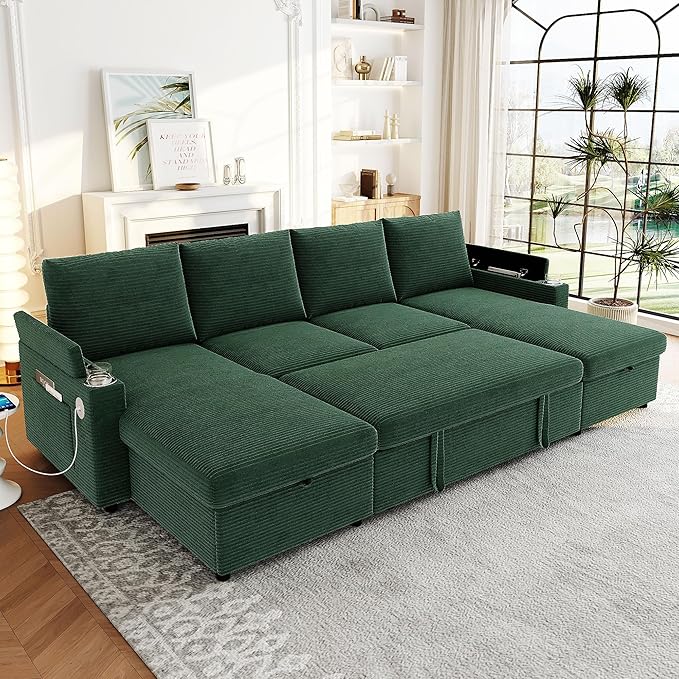 109.5 Sectional Sofa Convertible Pull-Out Sofa Bed with 2 Storage Chaise Lounges and Cup Holders Chenille Fabric U-Shaped Couch with Storage Boxes &amp USB Ports for Living Room (Green-9.19)
