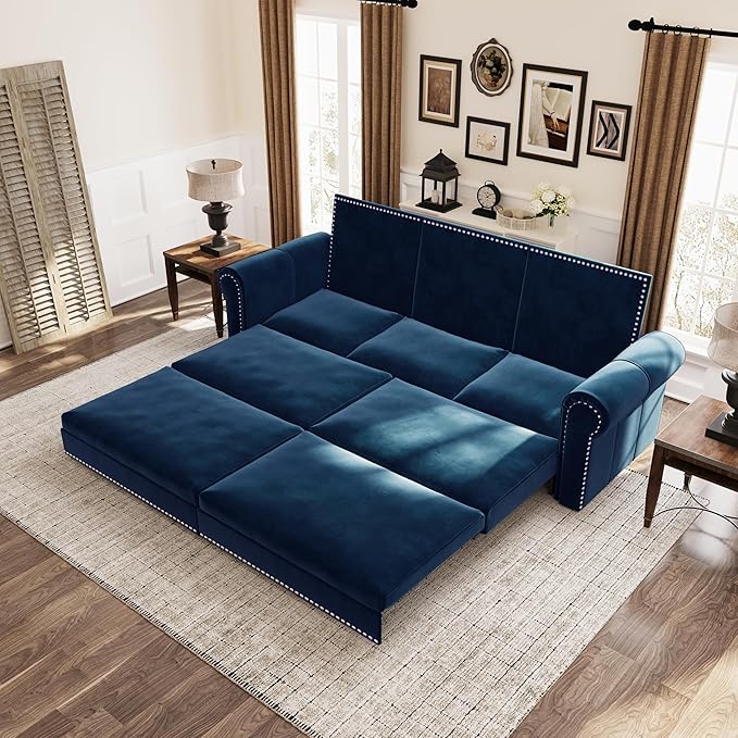 93.7 King Pull Out Sofa Bed Velvet Convertible Sleeper Couch with Nailhead Trim Oversized Mid Century Modern Chesterfield Sofa Sleeper Sectional Couch for Living Room Blue