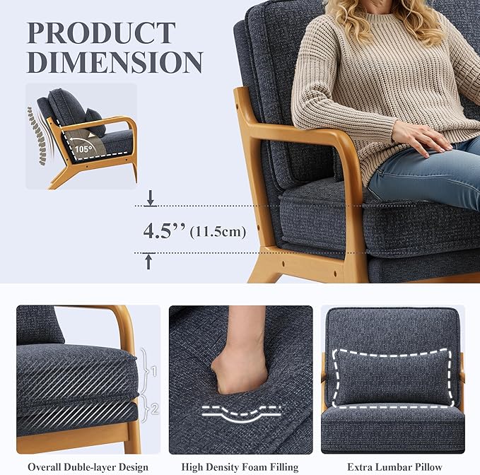 Accent Chair with Solid Wood Frame Mid-Century Relaxing Armchair Lumbar Pillow&amp Soft Cushion Reading Leisure Chair for Living Room Bedroom Waiting Room-Blue