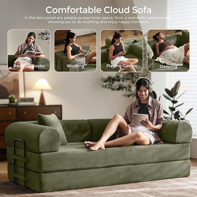 79 Modular Floor Sofa Convertible Sleeper Sofa Bed Removable Backrest Design Spacious Sleeping Area Easy Setup for Game Room Apartment (Light Green)