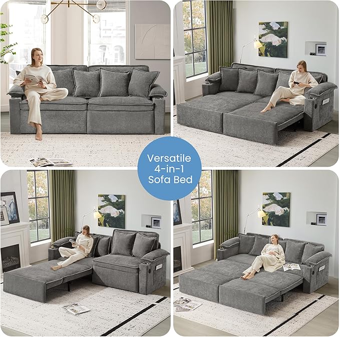 SUNWAVE 83 King Size Pull Out Sofa Bed 4-in-1 Convertible Sleeper Sofa Bed with USB Ports Cup Holders Side Pockets Corduroy Oversized Loveseat Chaise Lounge for Living Room Small Space (Gray)