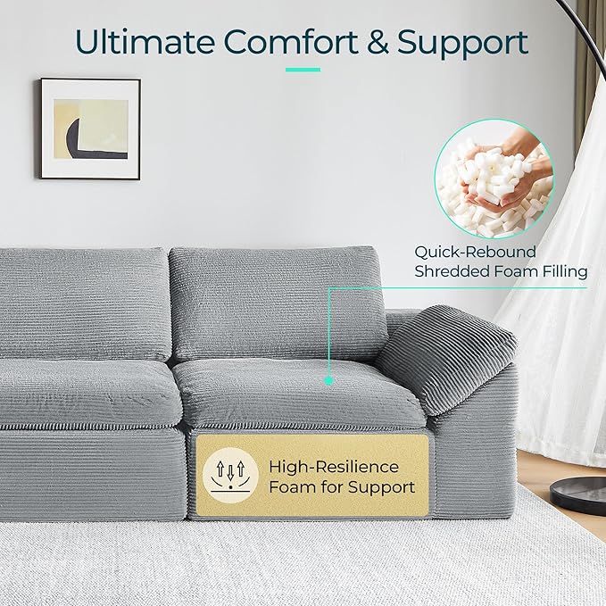 LINSY HOME Modern Boneless Cloud Couch Set with Movable Ottomans Deep Seat Corduroy Secional Sofa Couch Sets for Living Room Apartment Office No Assembly Required Grey