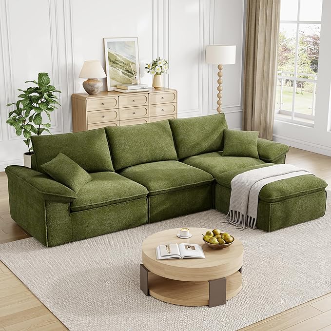 LIKIMIO 120 L-Shaped Modular Sectional Sofa Cloud Sectional Couch with Deep Seat Comfy Teddy Upholstery Oversized 3-Seater with Ottoman Boneless Couch for Living Room No Assembly Green