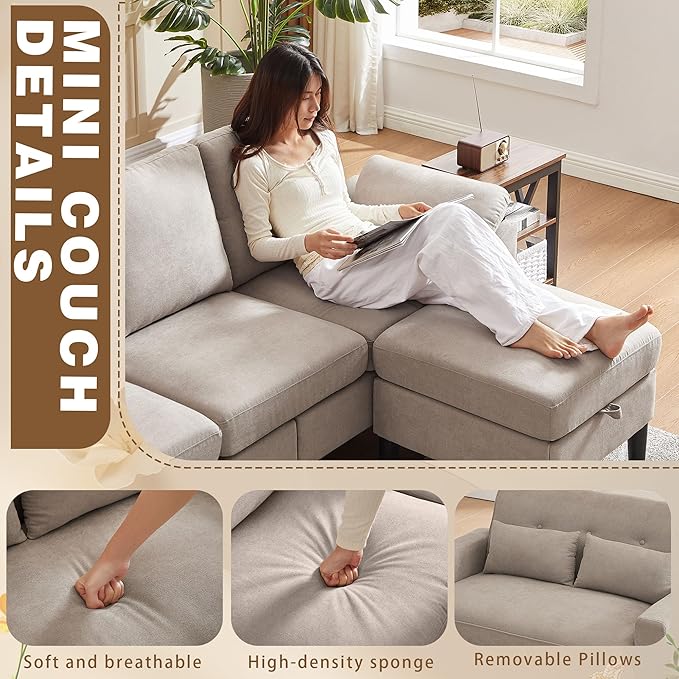 2 Piece Sectional Sofa Set 3-Seat Small L Shaped Couch with Storage Ottoman and 2 Seat Loveseat Sofa Set Polyester Fibre for Living Room Beige