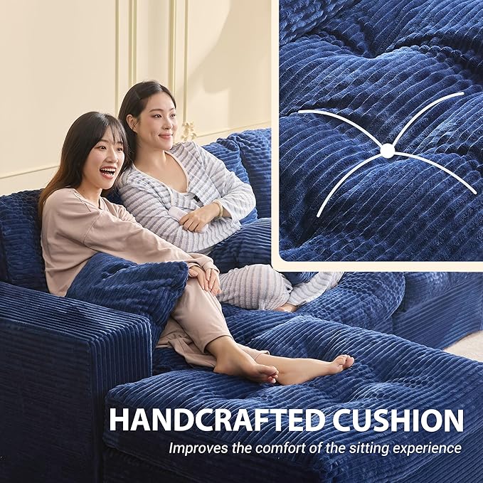 Modular Sectional Sofa 102” L-Shaped Corduroy Couch with Ottoman Deep Seat Comfy Sectional for Living Room Set of Soft Upholstered Cloud Couch for Apartment Blue