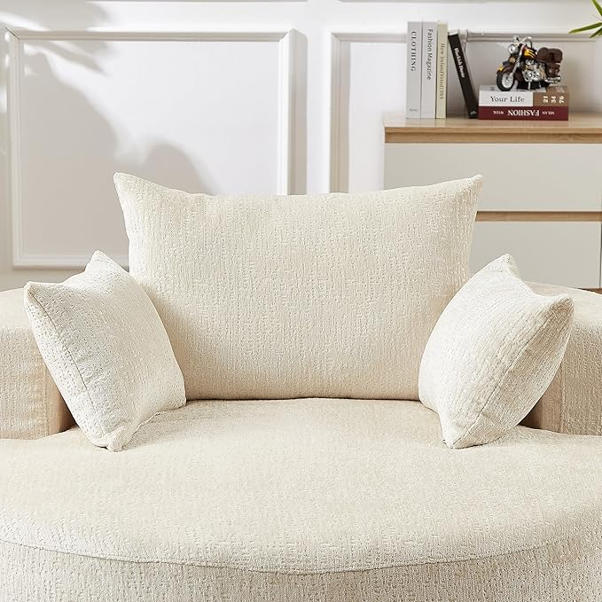 55''W Chenille Oversized Round Chaise Longue Chair Indoor Upholstered Deep Seat Floor Sofa Chair with Pillow No Assembly Required Single Sofa Armchair for Living Room (Chenille Beige)