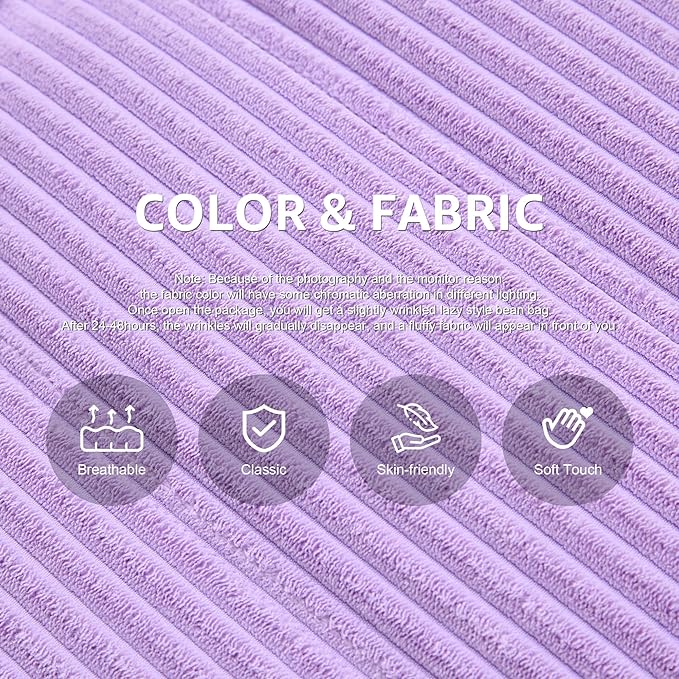 Bean Bag Chairs for Adults Giant Bean Bag Chair Memory Foam BeanBag Chair Bean Bag Sofa with Filler Faux Fur Fireside Beanbags Lazy Sofa for Living Room Bedroom Office (Purple Corduroy Single)