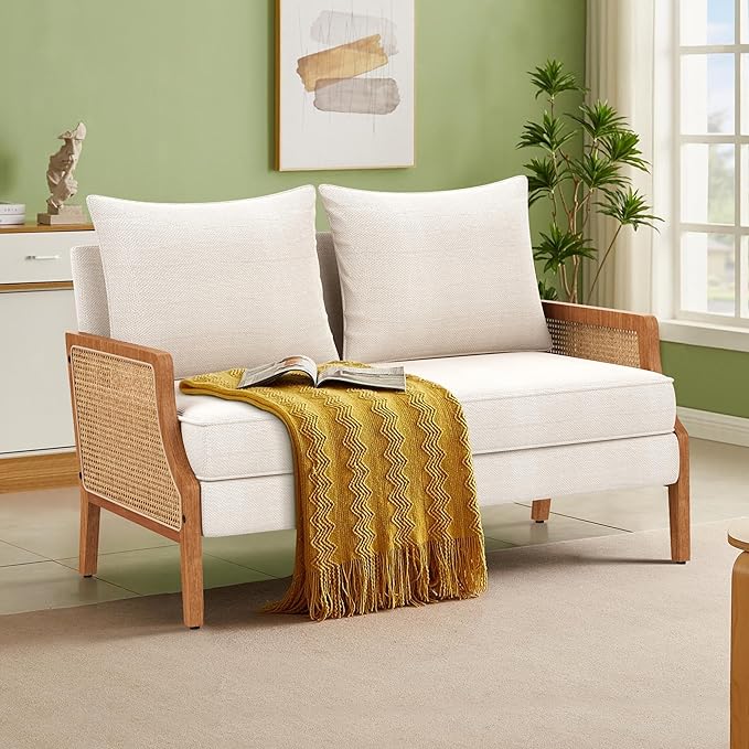 Aklaus 45 W Fabric Small Beige loveseat with Natural Rattan ArmsUpholstered Modern Mini Sofa Linen Couch Love Seat Settee Bench with Back for Living Room Bedroom Office Small Space Entryway Ivy