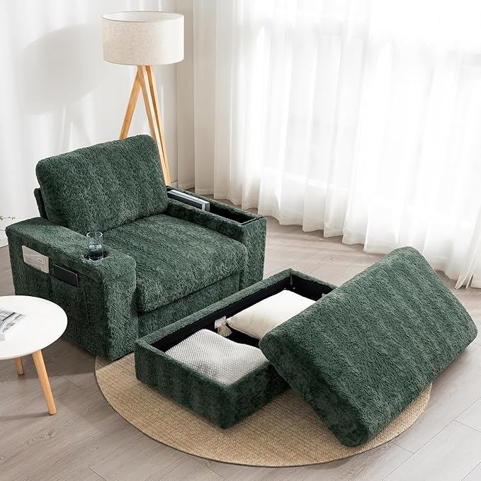 P PURLOVE Oversized Chaise Lounge Chair Indoor with Storage and OttomanSleeper Chair with Cup Holder and Storage ArmrestReclining Chair for Living RoomBedroomOffice