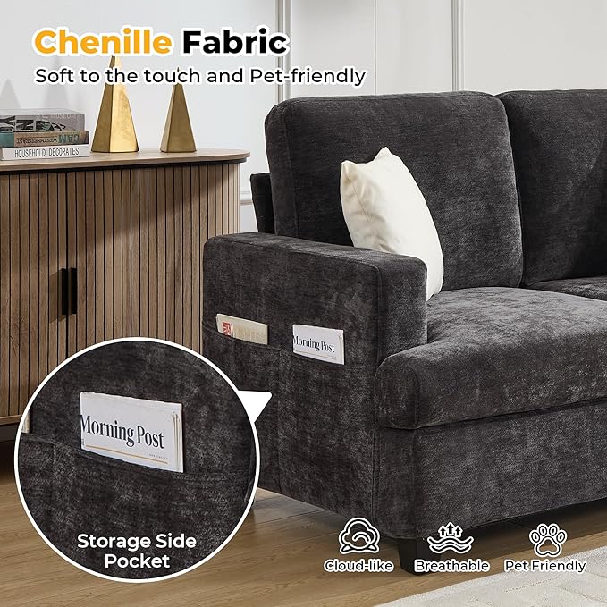 Loveseat Sofa 60 Chenille Couch with Side Pocket Removable Pillow and Cushion Cover 2 seat Couches Comfy Modern Small Couch for Living Room Small Spaces Dorms Office Dark Grey