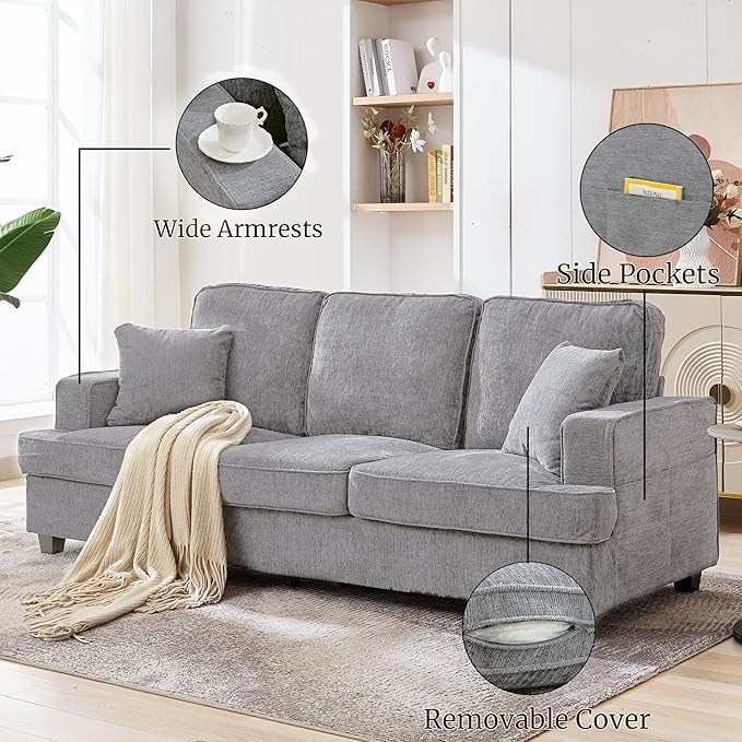 Three Seater Couch for Living Room Sofa Couches with Deep Seat &amp Armrest Comfy Modern Sofas in Chenile for Living Room Bedroom Office Apartment Pewter