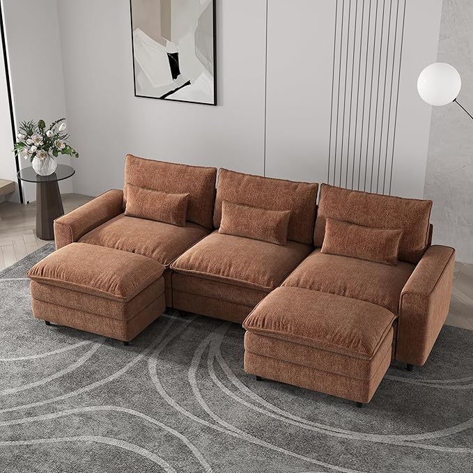 U Shaped Modular Cloud Couch Convertible Sectional Couches Sofa with 2 Ottoman 3 Seater Modular Sectional Deep Seat Sofa for Living Room Apartment Orange Brown