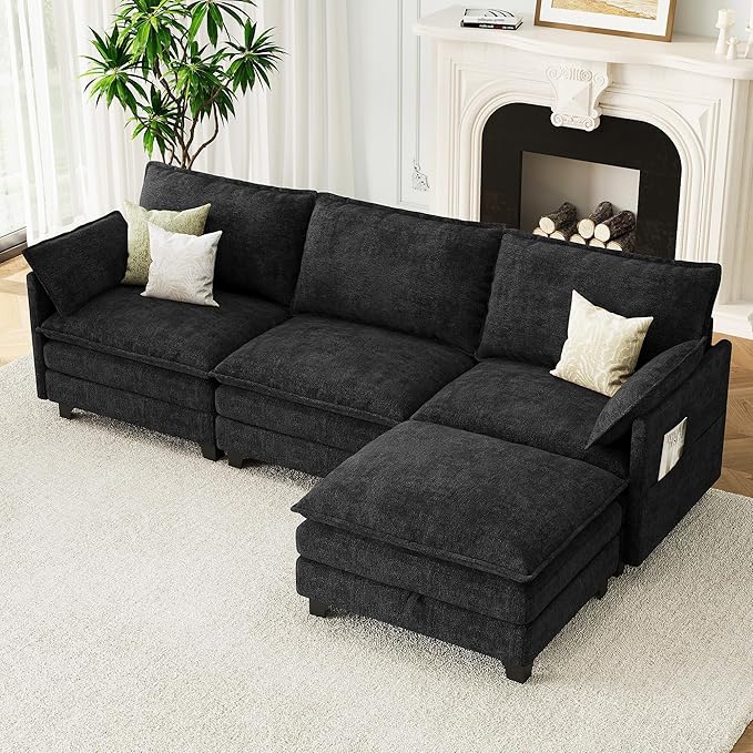 106 L Shaped Modern Modular Sectional Sofa Chenille Cloud Couch with Storage Ottoman Deep Seat Couches with Side Pocket for Living Room Bedroom and Apartment Dark Grey