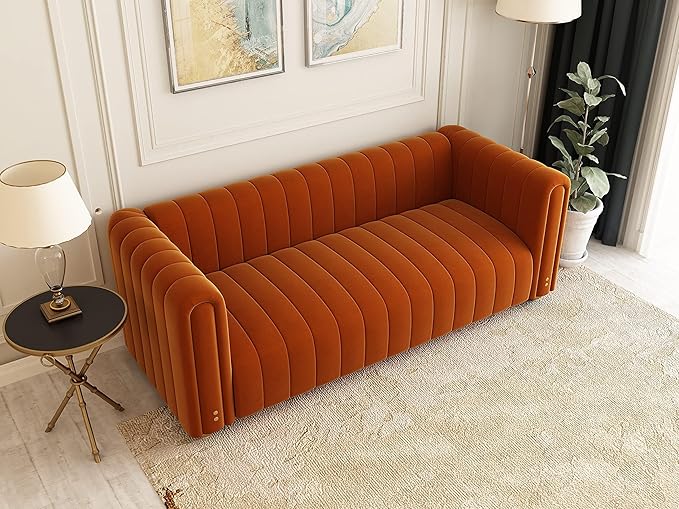 81 Orange Velvet Sofa Mid Century Modern Couch for 3 Person Chesterfield Tufted Velvet Couches for Living Room Apartment Bedroom Office