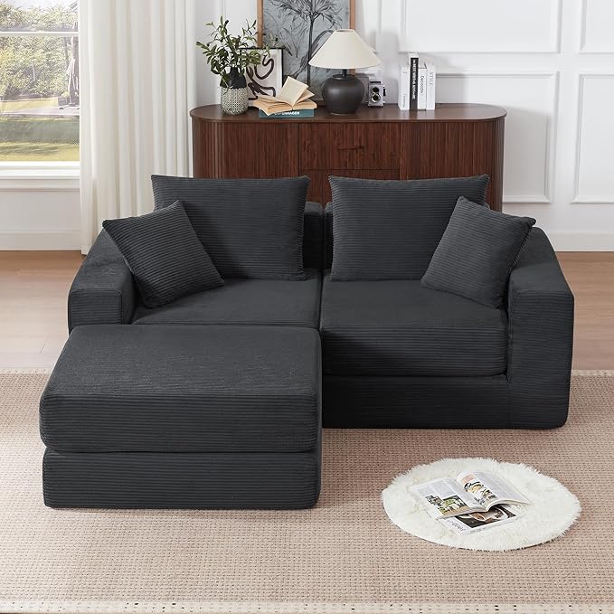 Modular Sectional Sofa with Convertible Sleeper Corduroy Fabric 2-in-1 Couch Bed with Reversible Chaise Adjustable Modular Sofas for Living Room Gray