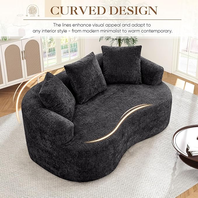 60 Curved Sectional Sofa for Small Spaces - Plush Chenille Modern Cloud Loveseat with Pocket Springs &amp Memory Foam Boneless Floor Couch for Living Room 27.6 Extra Deep Seat No Assembly (Black