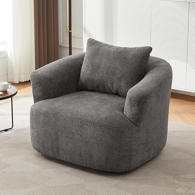 Merax Modern 360° Chenille Swivel Barrel Chair with A Throw Pillow &amp Armrest Upholstered Cozy Single Round Sofa with Deep Seating for Living Room BedroomOffice Hotel Easy Assemble Grey