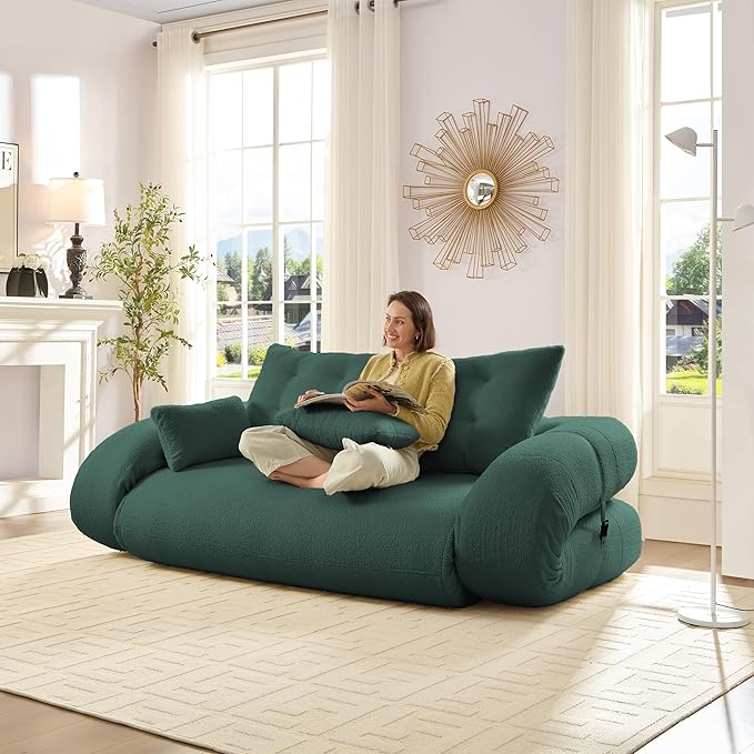 KEIKI 78.7 Foldable Human Dog Bed 3-in-1 Multi-Functional Sleeper Sofa Bed Teddy Fabric Foam-Filled Convertible Floor Couch for Living Room Guest Room Playroom Green