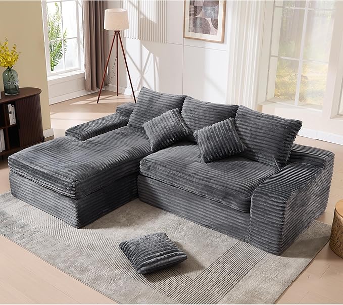 KIVENJAJA 98.8'' Small L-Shaped Sectional Couch with Chaise Fluffy Corduroy Cloud Couches Compression Boneless Sofa for Home Living Room Apartment Office No Assembly Required Grey