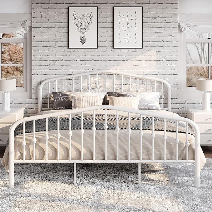 SHA CERLIN King Size Metal Platform Bed Frame with Victorian Style Wrought Iron-Art Headboard/Footboard No Box Spring Required White