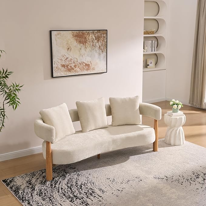Christopher Knight Home Yulez Curved 3-Seater Sofa Couch with 3 Accent Pillows Chenille Fabric Upholstered Lounge Seating 76.5'' Home Office Bedroom Sofa Chair Comfy Wooden Frame Sofa Beige