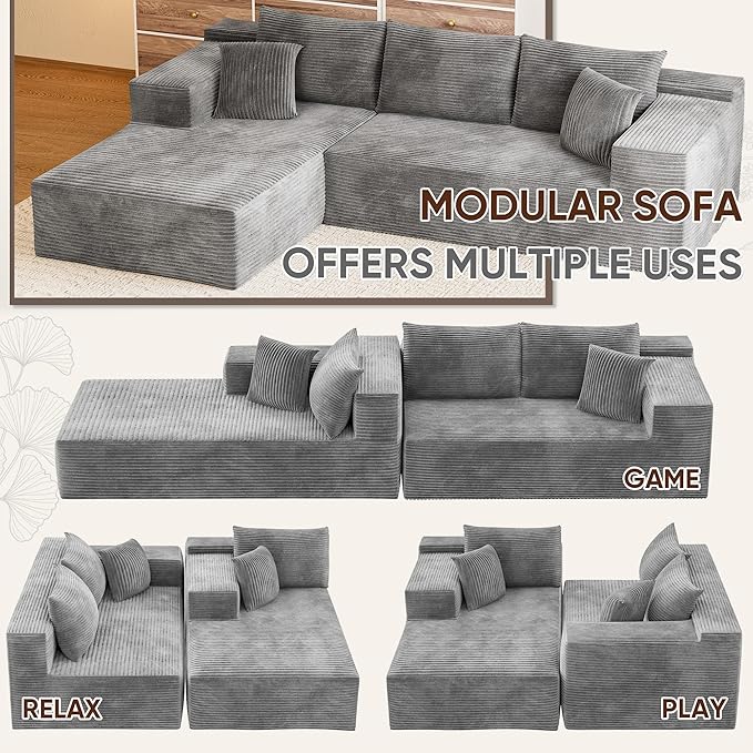 VICTONE 108” Cloud Sectional Couches Boneless Couch Modular L-Shaped Sofa with Deep Seat Modern Comfort Upholstered Sofas for Living Room No Assembly Required (Corduroy Grey)