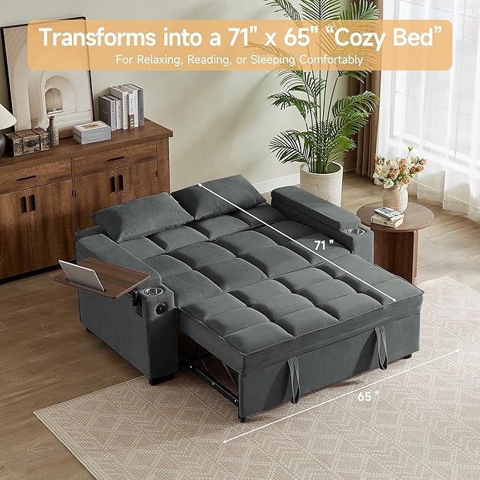 65 Sleeper Sofa Bed Loveseat Convertible Couch for Living Room RV Sofa with Adjustable Backrest Chaise Lounge Side Table USB &amp Type-C Ports
