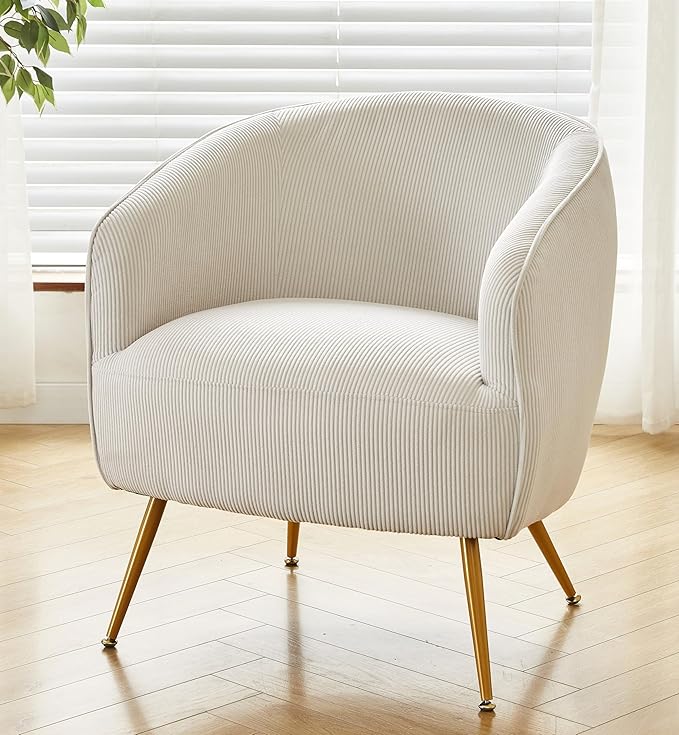 Modern Corduroy Accent Chair with Gold Metal Legs Channel Back Design and Soft Upholstery Comfortable Seating for Living Room Bedroom or Office Beige