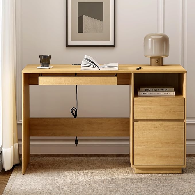 47 Executive Desk with File Drawer Farmhouse Computer Desk with Charging Station and Open Storage Compartment Wooden Home Office Desk for Writing Study Working Natural Oak