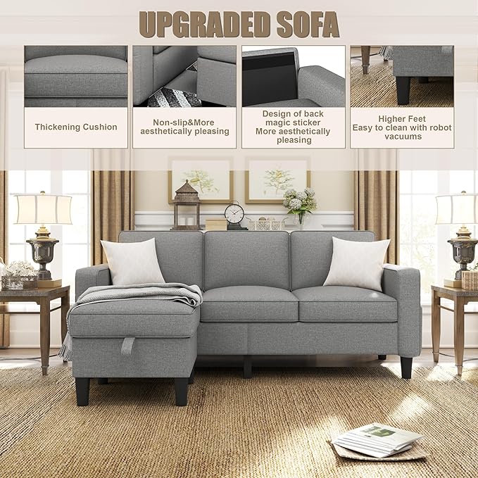 Couch for Living Room - 78'' Beige Linen 3 Seat L-Shaped Sectional Sofa Couches with Storage Ottoman - Modern Small Space Upholstered Furniture Sofa Set for Office Small Space Apartment (Grey-Linen)