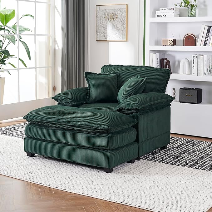 46.9 Oversized Chaise Lounge Chair Indoor with Ottoman Comfy Deep Seat Cloud Sofa Couch Reading Chair Modern Corduroy Upholstered Single Sofa Sleeper Chair for Living Room Bedroom Nursery(Green)