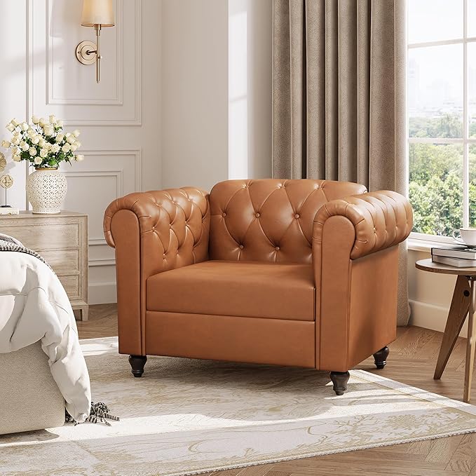 Brown Faux Leather Accent Chairs Button-Tufted Upholstered Club Chair Retro Armchairs Mid Century Modern Accent Chair with Solid Wood Legs Cozy Chesterfield Couch Chairs for Living Room Bedroom