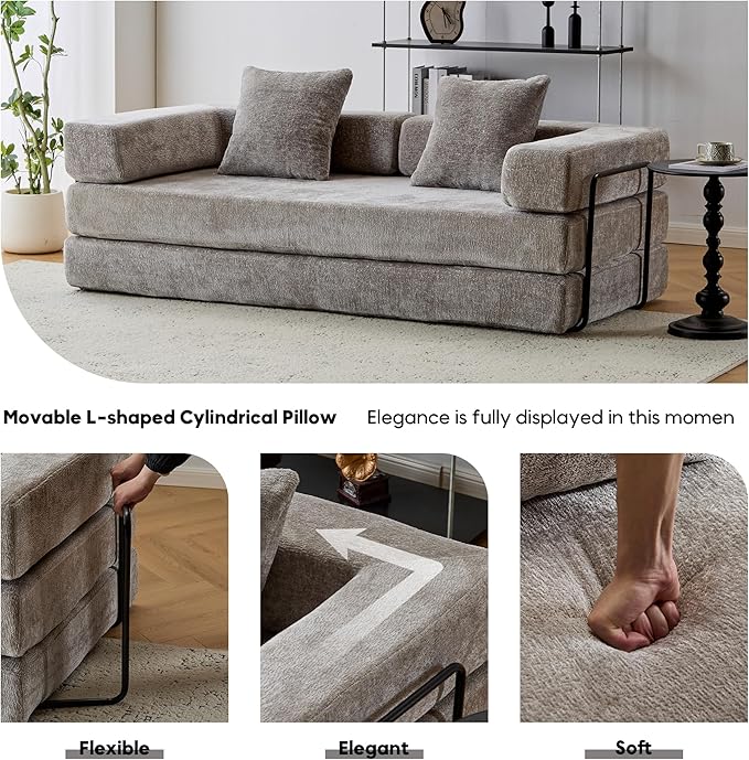 Convertible Sleeper Sofa Bed with Fixed-Shape Frame Floor Sofa Lounge Couch with Cylindrical Pillow Chenille Folding Mattress Couch for Living Room Bedroom-Stone Grey